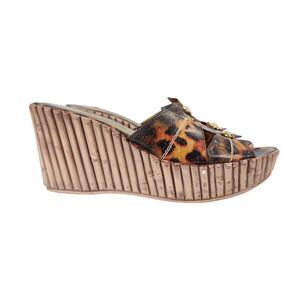 Dezario Platform Tiki Wedge Sandals Size 41 Animal Print Leather Molded Bamboo